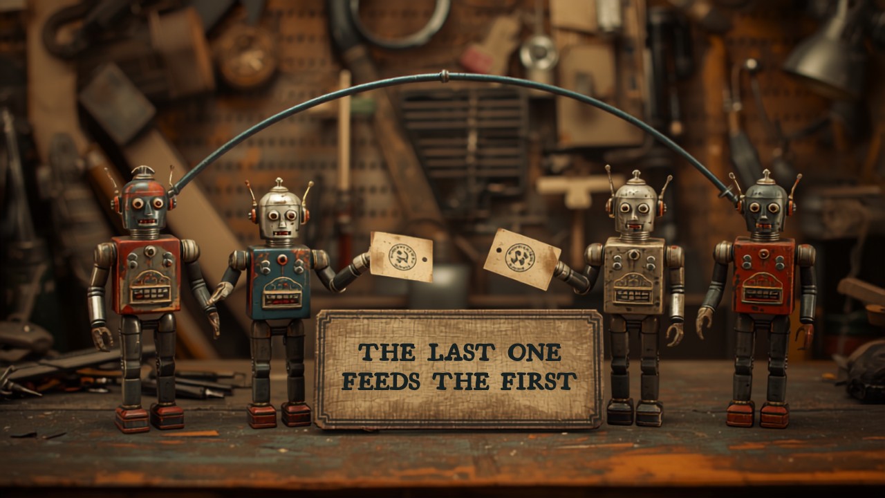 Compound Engineering hero image: four tin toy robots passing a card down the line, the last one feeding it back to the first