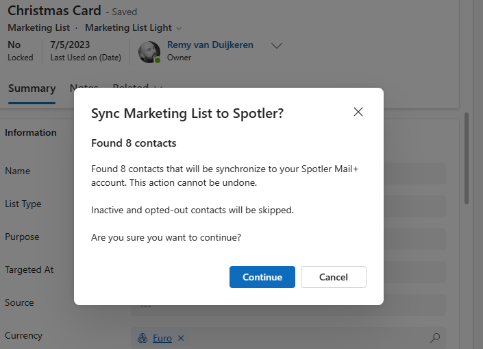 Confirmation Dialog when syncing Marketing Lists